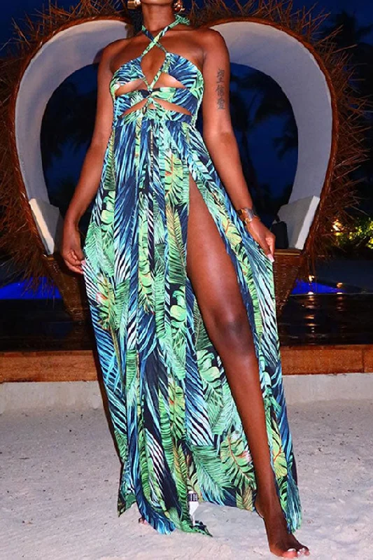 Leaf Print Halter Collar Strappy Tropical High Split Maxi Dress Trendy A-Line Maxi Dress Leaf Print Halter Collar Strappy Tropical High Split Maxi Dress Trendy A-Line Maxi Dress