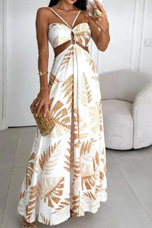 Leaf Print Tropical Strappy Cutout Maxi Dress Elegant Maxi Dress with Ruffles