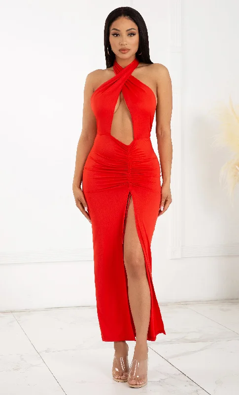 Love Without Hesitation Red Casual Keyhole Cut Out Cross Twist Halter Neck Sleeveless Ruched Slit Front Maxi Dress Comfortable Maxi Dress with Belt