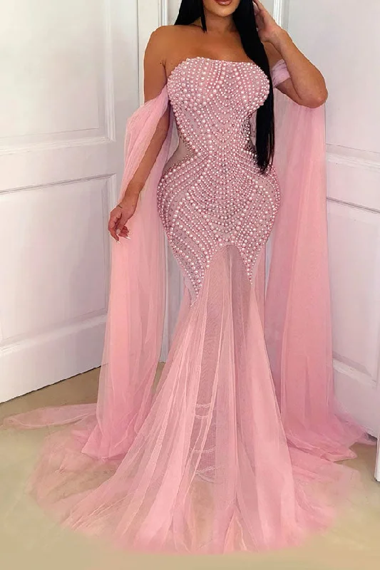 Mesh Patchwork Faux Pearl Decor Girly See-Through Maxi Dress Trendy Button Front Maxi Dress Mesh Patchwork Faux Pearl Decor Girly See-Through Maxi Dress Trendy Button Front Maxi Dress