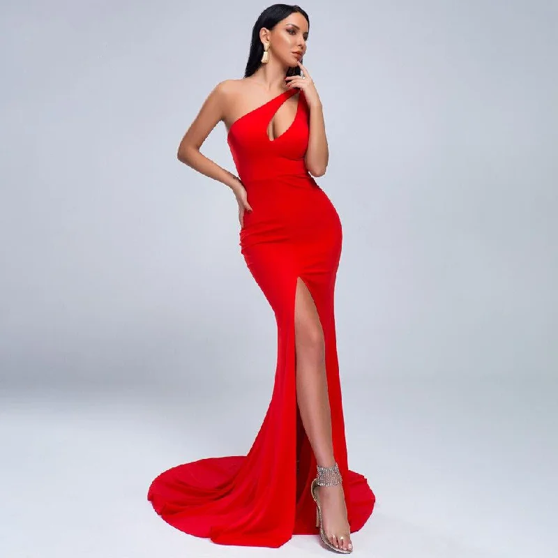 Sexy Hollow Out One Shoulder Sleeveless Floor Length Bodycon Backless Maxi dress Cozy Knitted Maxi Dress