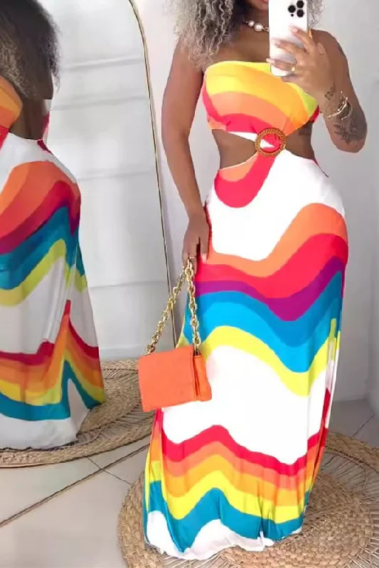 Multicolor Ripple Print Modern One Shoulder Cutout Maxi Dress Chic Boho Print Maxi Dress