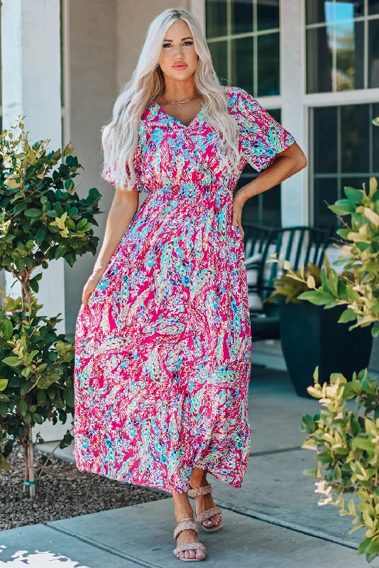 Multicolored V-Neck Maxi Dress Elegant Maxi Dress with Slit