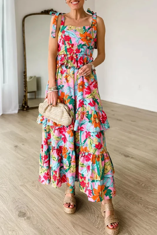 Multicolour Floral Print Shirred Backless Tiered Ruffled Maxi Dress Elegant Boho Maxi Dress Multicolour Floral Print Shirred Backless Tiered Ruffled Maxi Dress Elegant Boho Maxi Dress
