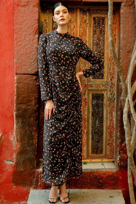 Navy Floral Ruched Maxi Dress Trendy Ruffled Maxi Dress