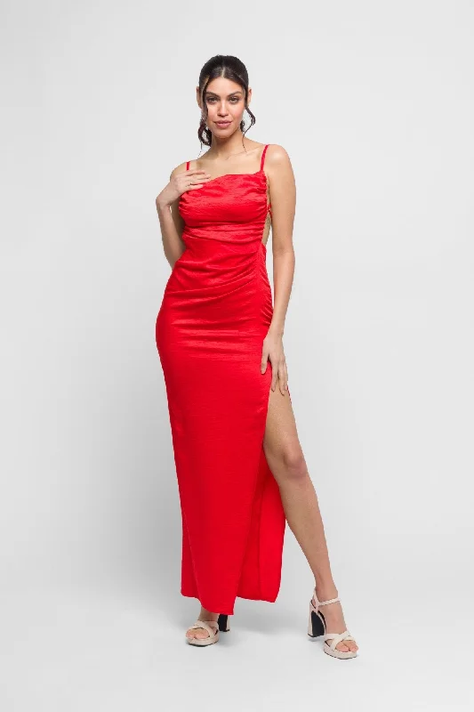 Nell Maxi Dress in Red with Open Back. Bold & Elegant. Elegant Tiered Maxi Dress