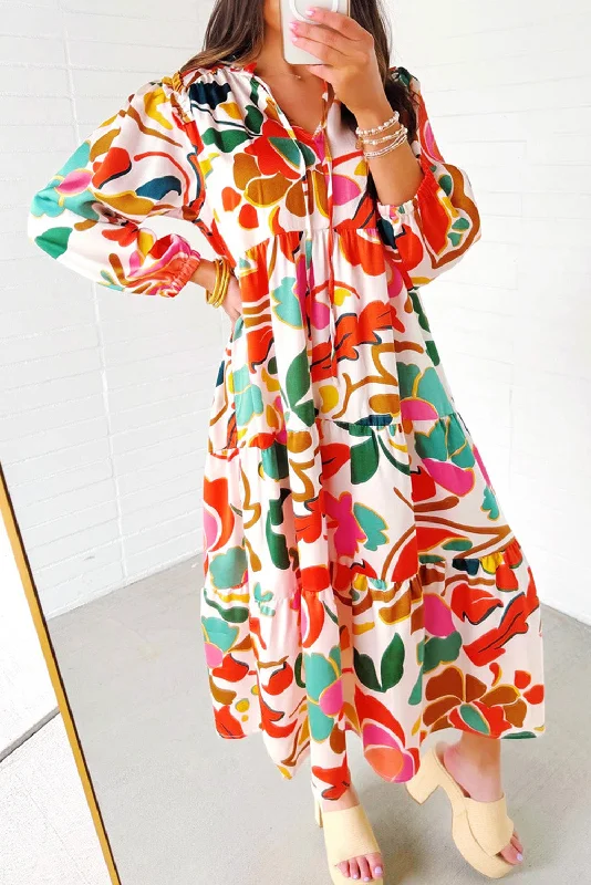 Orange Floral Print Split V Neck Tiered Maxi Dress Stylish Pleated A-Line Maxi Dress