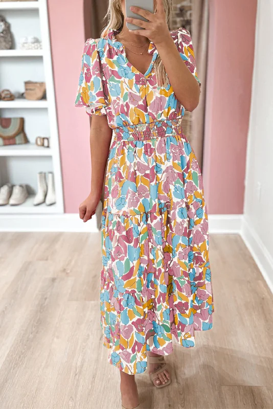 Pink Floral Short Sleeve Smocked Waist Maxi Dress Comfortable Bohemian Maxi Dress