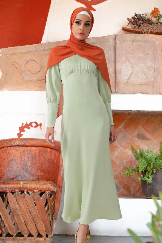 Pistachio Satin Long Sleeve Maxi Dress Fashionable Layered Maxi Dress