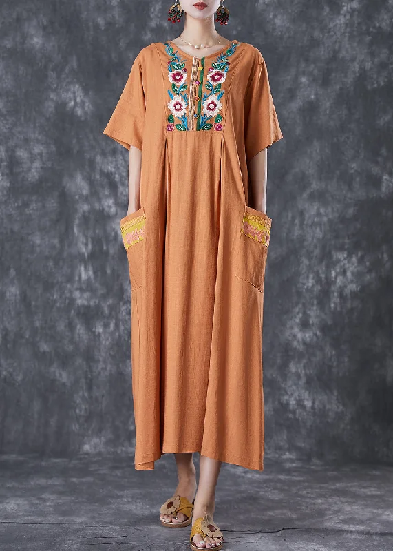 Plus Size Khaki Embroideried Linen Maxi Dress Summer Cozy Wrap Maxi Dress