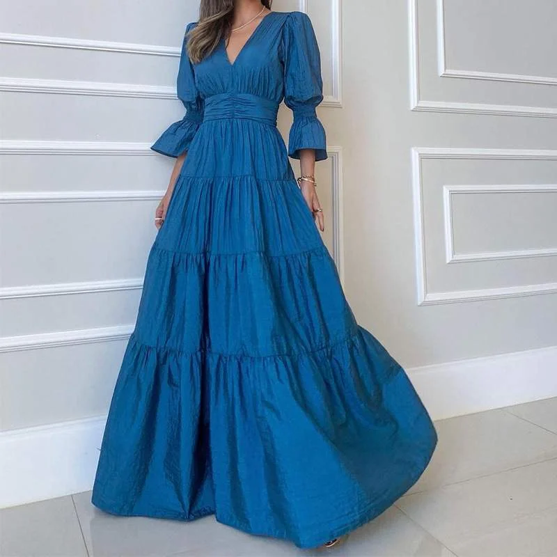 Puff Sleeve Solid Party Dress Summer Fashion Elastic Waist Maxi Dresses Trendy Maxi Dress with Bow