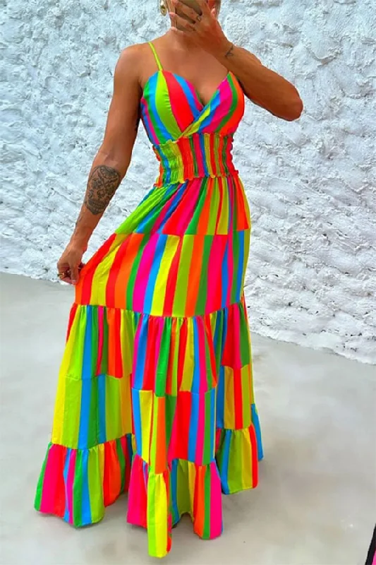 Rainbow Urban Tie Back Tiered Maxi Dress Fashionable Open-Back Maxi Dress