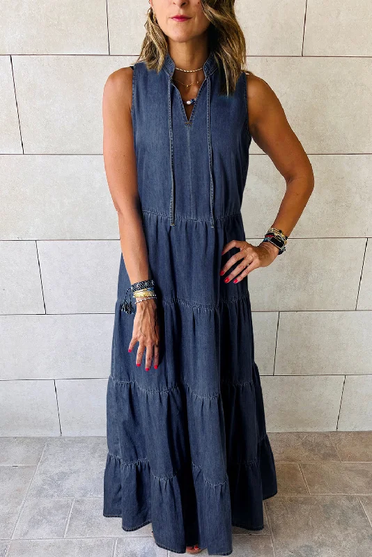 Real Teal Sleeveless Tiered Chambray Maxi Dress Elegant Maxi Dress with Belt