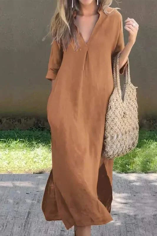 RELAXED LINEN MAXI DRESS Elegant Maxi Dress with Drapes