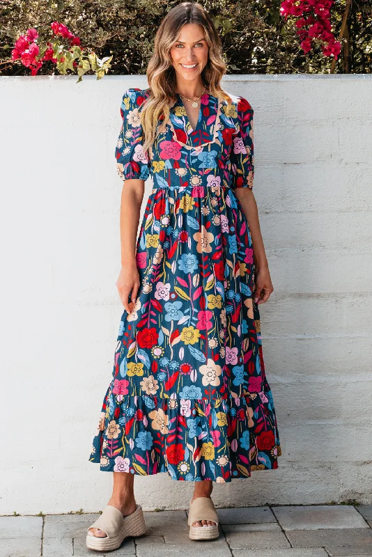 Retro Floral Split Neck Maxi Dress Stylish Button-Up Maxi Dress