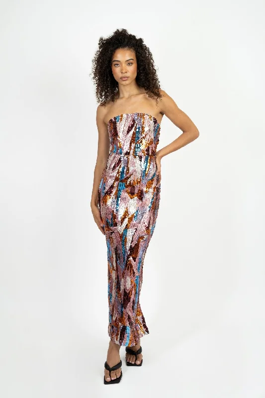 Riya Maxi Dress in Rich Multi Sequin Chic Boho Print Maxi Dress