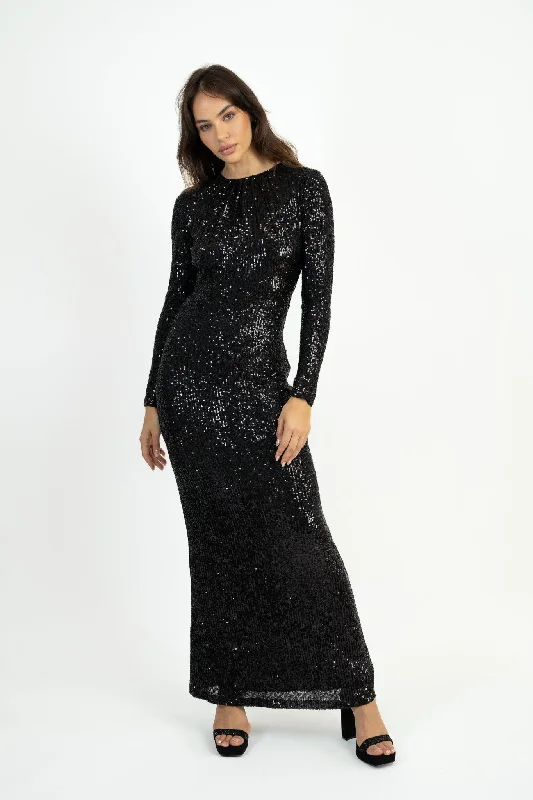 Samman Maxi Dress in Black Sequin Fashionable Button-Down Maxi Dress