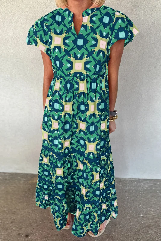 Sea Green Geo Print V-neck Maxi Dress Comfortable Maxi Dress with Slits