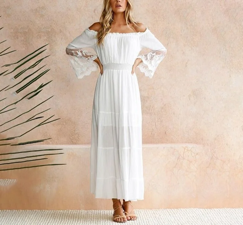 Sexy Off Shoulder Lace Boho Women Maxi Dress Women White Beach Dress Strapless Long Sleeve Loose Dress 2021 New Fashionable Maxi Dress with Fringe