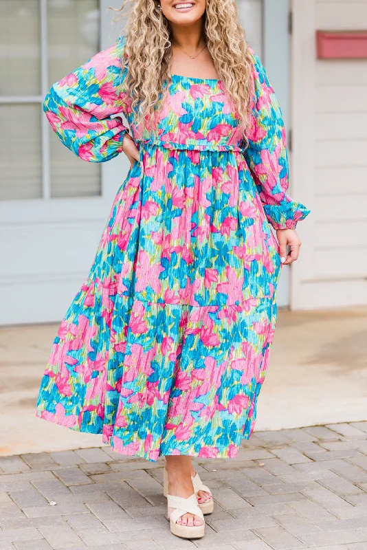 Sky Blue Floral Allover Print Shirred Square Neck Plus Size Maxi Dress Fashionable High-Waist Maxi Dress Sky Blue Floral Allover Print Shirred Square Neck Plus Size Maxi Dress Fashionable High-Waist Maxi Dress