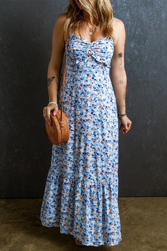 Sky Blue Floral Print Ruffled Ruched Maxi Dress Elegant Silk Maxi Dress