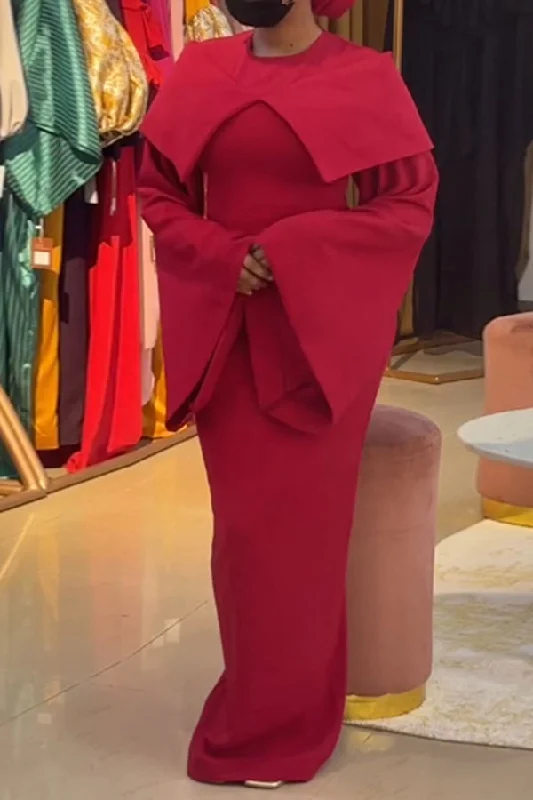 Solid Color Chic Cape Design Trumpet Sleeve Maxi Dress Cozy Wrap Maxi Dress
