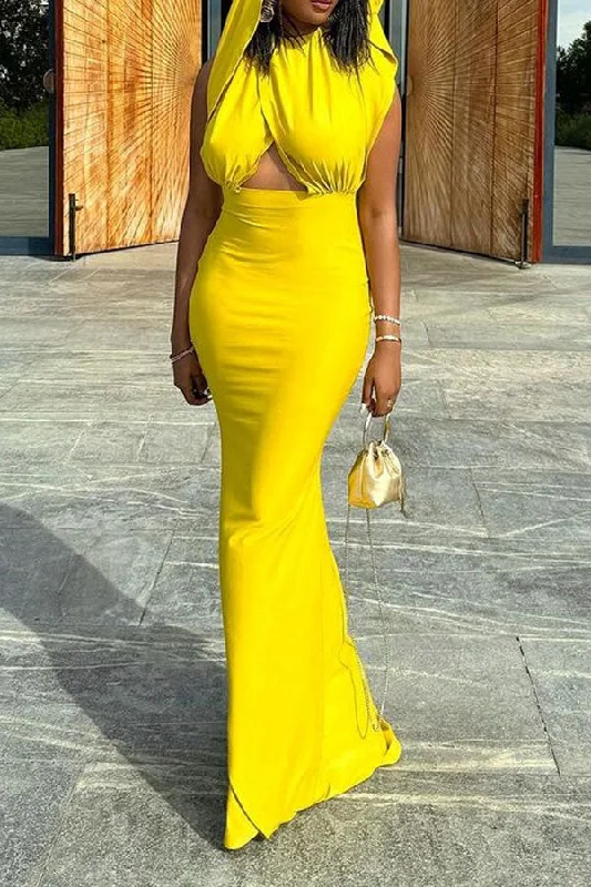 Solid Color Chic Cutout Backless Bodycon Maxi Dress Comfortable Satin Maxi Dress