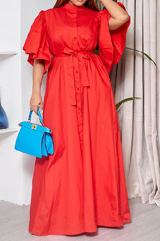 Solid Color Classic Ruffle Sleeve Lace-Up Maxi Dress Stylish A-Line Maxi Dress