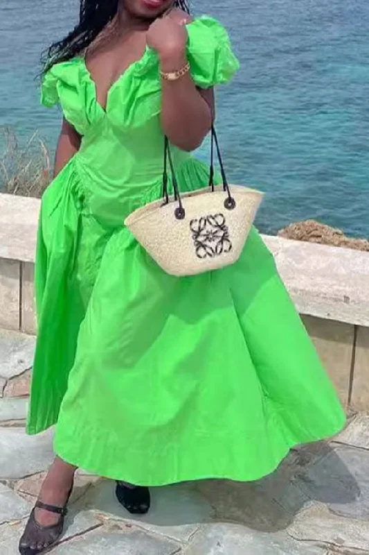 Solid Color Cold Shoulder Elegant Pleated Maxi Dress Comfortable Ruffle Hem Maxi Dress Solid Color Cold Shoulder Elegant Pleated Maxi Dress Comfortable Ruffle Hem Maxi Dress
