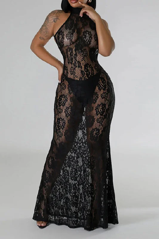 Solid Color Lace Party Backless See-Through Maxi Dress Elegant Sleeveless Maxi Dress