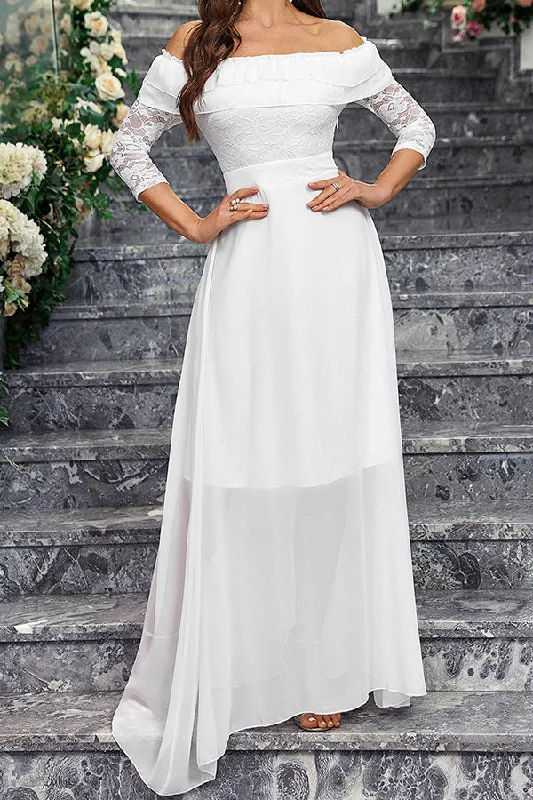 Solid Color Lace Patchwork Classic Ruffle Maxi Dress Cozy Cold-Shoulder Maxi Dress