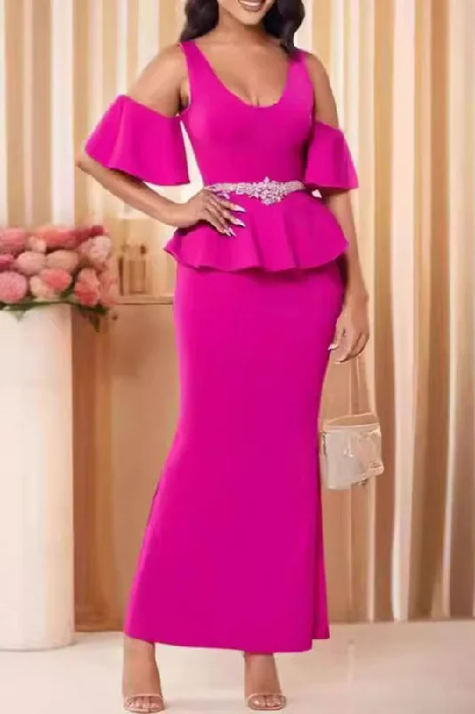 Solid Color Modern Peplum Cold Shoulder Maxi Dress Elegant Maxi Dress with Ruffles
