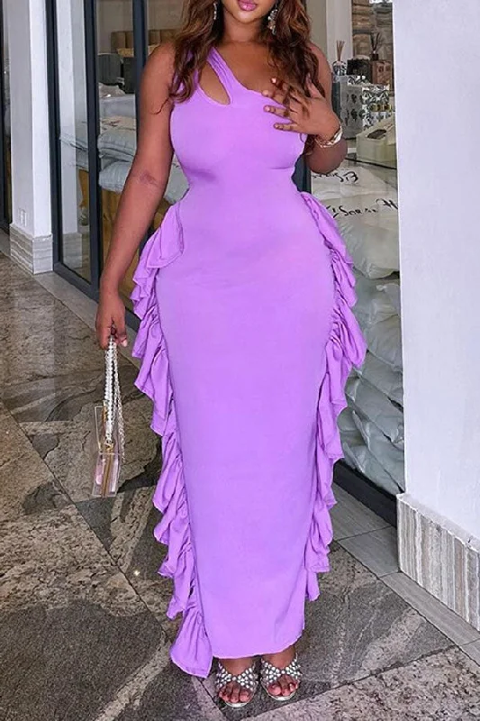 Solid Color On-trend Cutout Irregular Ruffle Maxi Dress Cozy Open-Back Maxi Dress