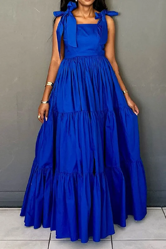 Solid Color Pretty Tiered Ruffle Bow Tie Maxi Dress Stylish Maxi Dress with Pleats