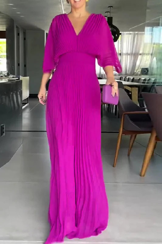 Solid Color Smart V Neck Pleated Maxi Dress Elegant Maxi Dress with Belt