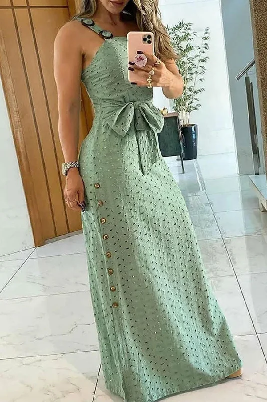 Solid Color Unique O-ring Design Multi-Button Bowknot Maxi Dress Fashionable Button-Down Maxi Dress