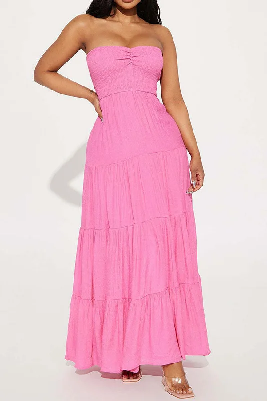 Solid Color Unique Tiered Ruffle Bandeau Strap Shirred Maxi Dress Fashionable Halter Neck Maxi Dress Solid Color Unique Tiered Ruffle Bandeau Strap Shirred Maxi Dress Fashionable Halter Neck Maxi Dress