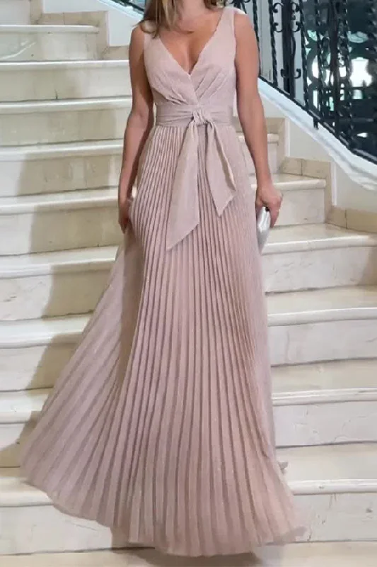 Solid Color Unusual V Neck Pleated Maxi Dress Fashionable Sheer Maxi Dress