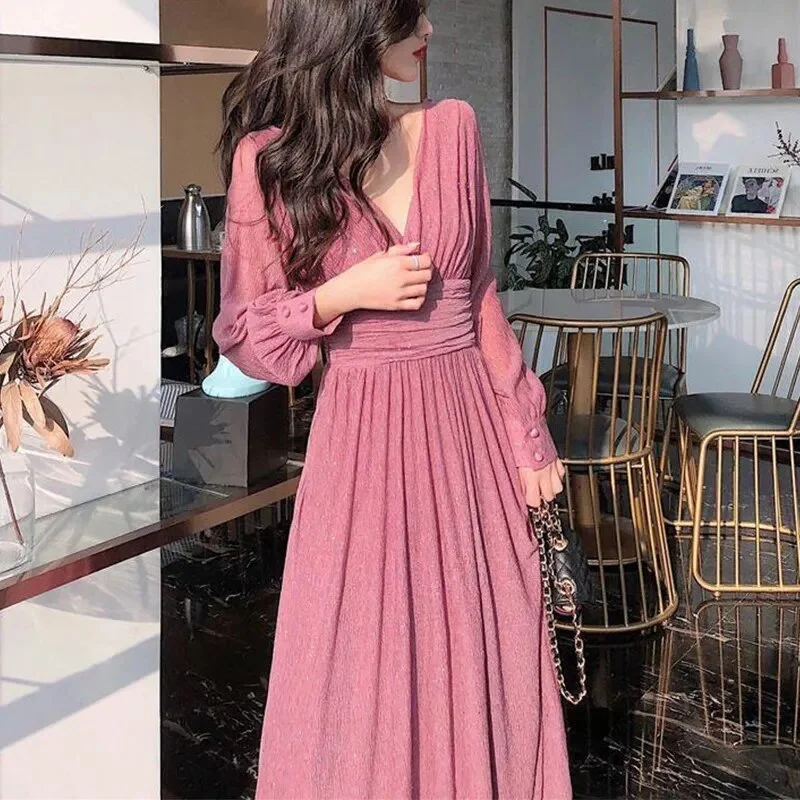 Spring Autumn V-neck Elegant Fashion Sequins Dresses Women Long Sleeve Temperament Evening Party Maxi Dress Robe Femme Vestidos Elegant Lace Maxi Dress