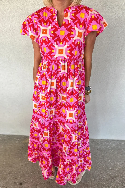 Strawberry Pink Geo Print V-neck Maxi Dress Cozy Wrap Maxi Dress