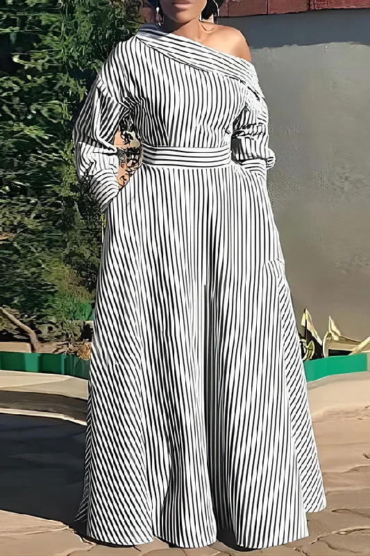 Striped Slash Neck On-trend A-Line Maxi Dress Trendy Ruffled Maxi Dress