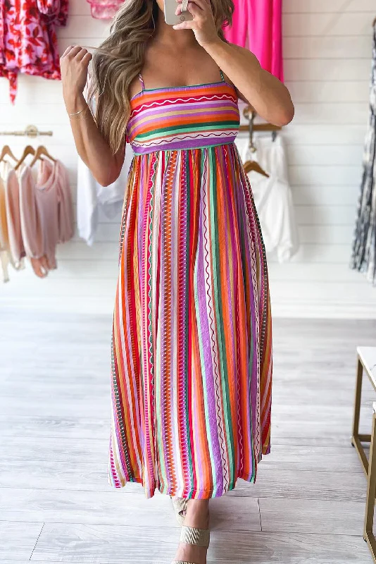 KaleaBoutique Striped Thin Straps Smocked Back Boho Maxi Dress Fashionable Layered Maxi Dress