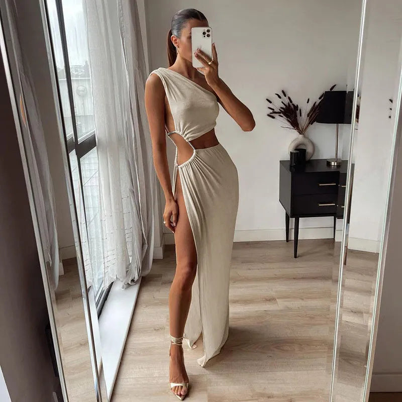 Summer Women Sexy Hollow Out Maxi Dress Spring Solid Sleeveless Split Dress One Shoulder High Waist Bodycon Party Female Fashionable High-Waist Maxi Dress