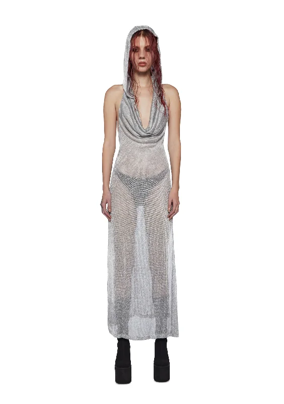 Tempo Metallic Hoodie Maxi Dress - Silver Trendy Maxi Dress with Belt