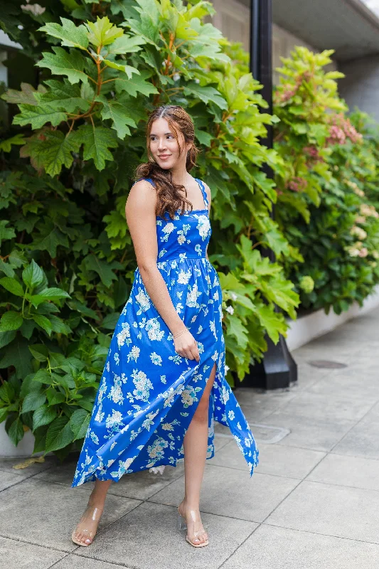 The Azure Wish Blue Floral Print Maxi Dress Elegant Maxi Dress with Ruffles