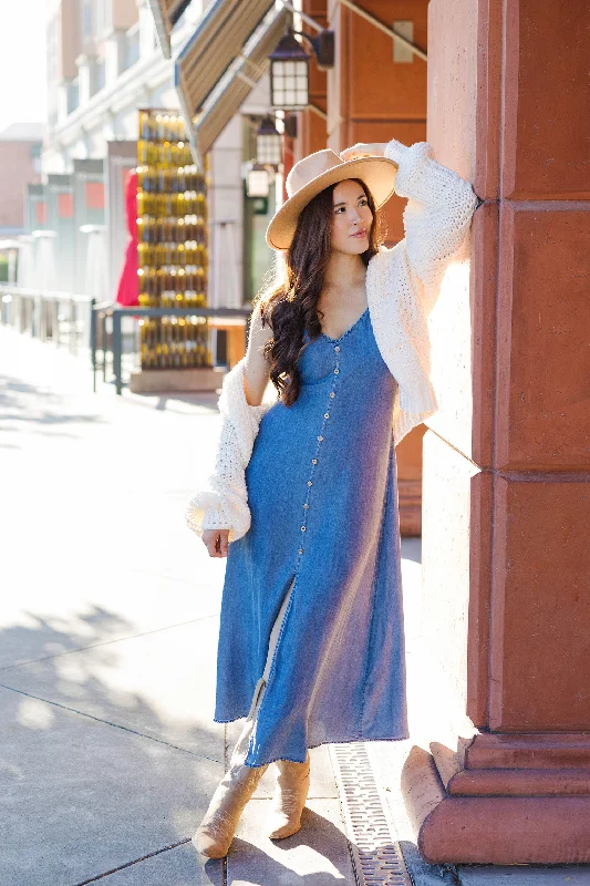 The Fall Staple Tencel Denim Maxi Dress Cozy Maxi Dress with Slit