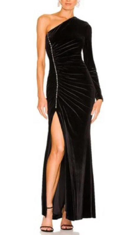 VELVET DIAMOND ONE SHOULDER SPLIT MAXI DRESS IN BLACK Chic Summer Maxi Dress