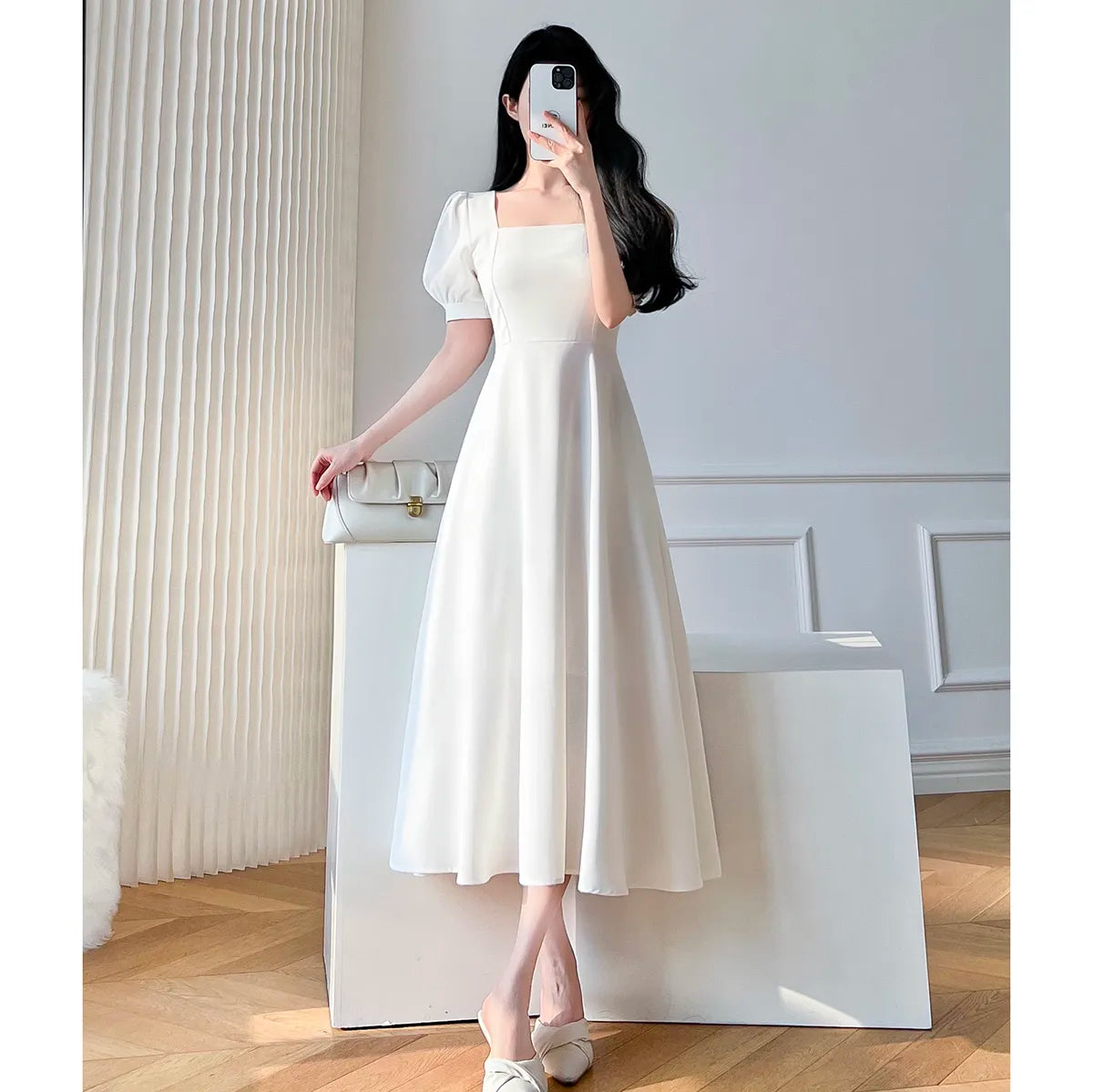 Vintage White Maxi Dresses for Women Party Prom Puff Sleeve Square Collar Temperament Bodycon Long Midi Dress Summer Clothing Chic Off-Shoulder Maxi Dress
