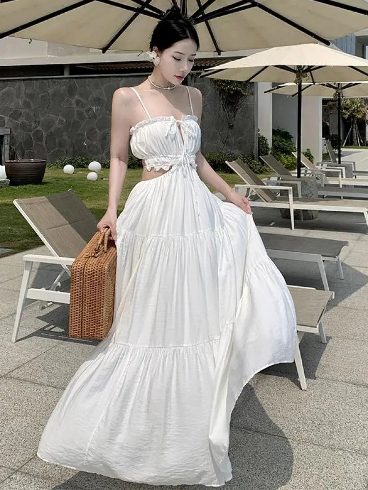 Women Beach Holiday White Dress Summer Backless Hollow Out Lace Up Bandage Long Dresses Female Club Party Fairy Maxi Dress Trendy A-Line Maxi Dress Women Beach Holiday White Dress Summer Backless Hollow Out Lace Up Bandage Long Dresses Female Club Party Fairy Maxi Dress Trendy A-Line Maxi Dress