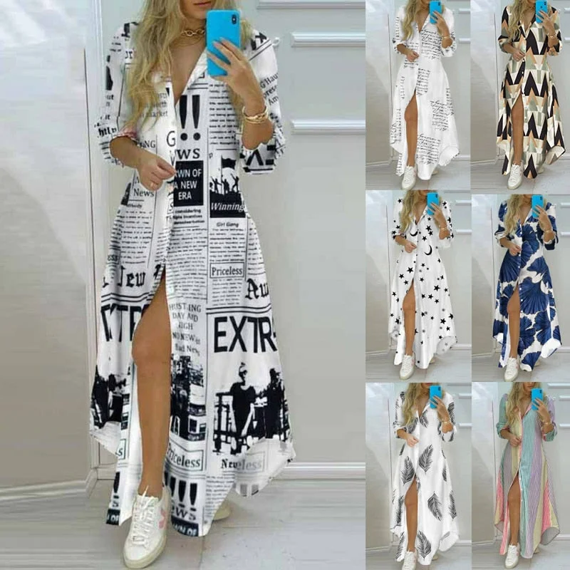 Women Boho Long Shirt Dress Summer Letter Print Single Breasted Turn-down Collar Dresses Female Long Sleeve Sexy Maxi Dresses Cozy Open-Back Maxi Dress Women Boho Long Shirt Dress Summer Letter Print Single Breasted Turn-down Collar Dresses Female Long Sleeve Sexy Maxi Dresses Cozy Open-Back Maxi Dress